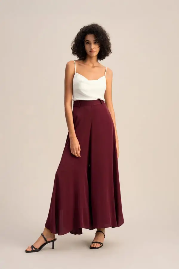 Pantaloni Seta Eleganti Rosso Fondo Asimmetrico, Vita Alta 100% Seta Di Gelso Buon Valore, Rispettoso Della Pelle