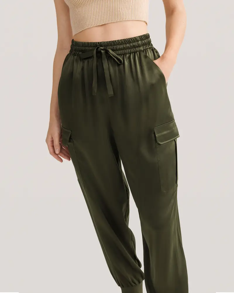 Pantaloni Seta Eleganti Safari Verde Stretch Cuffi A Coste, Militare Safari 100% Seta Delicato Per La Pelle E Traspirante