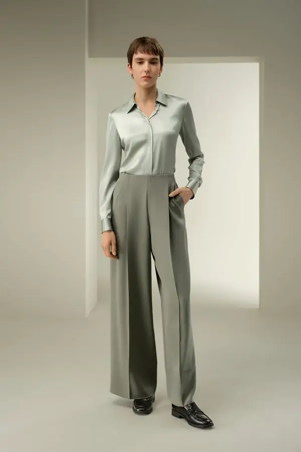 Pantaloni Seta Gamba Larga Elastico Foglia di tè - Eleganti e Resistenti alle Pieghe Foglia di tè