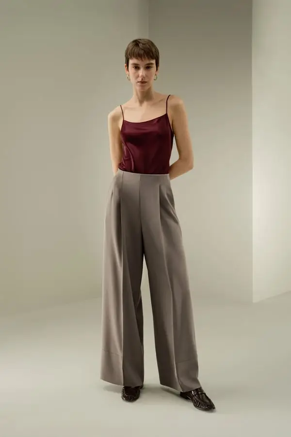 Pantaloni Seta Larghi Argilla - Eleganti e Comodi con Elastico, Crepe Seta Pesante