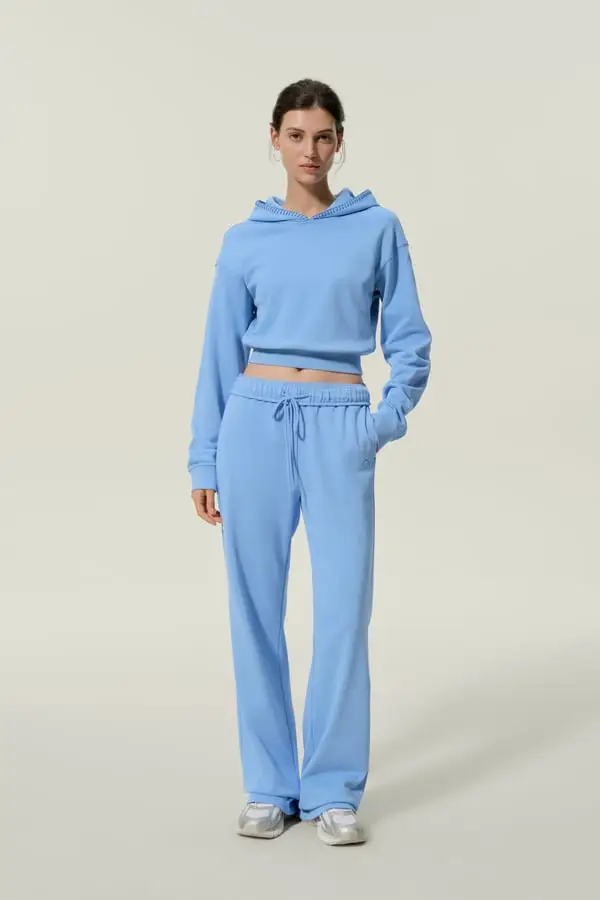 Pantaloni Tuta Donna in Seta e Cotone Taglio Dritto Morbidi Blu Laguna