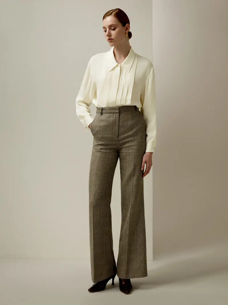 Pantaloni Urbane Classico Glen Checkmiscela Di Seta E Lana Miscela Di Seta E Lana Vestibilità Slim A Vita Alta Stile Aziendale Lino