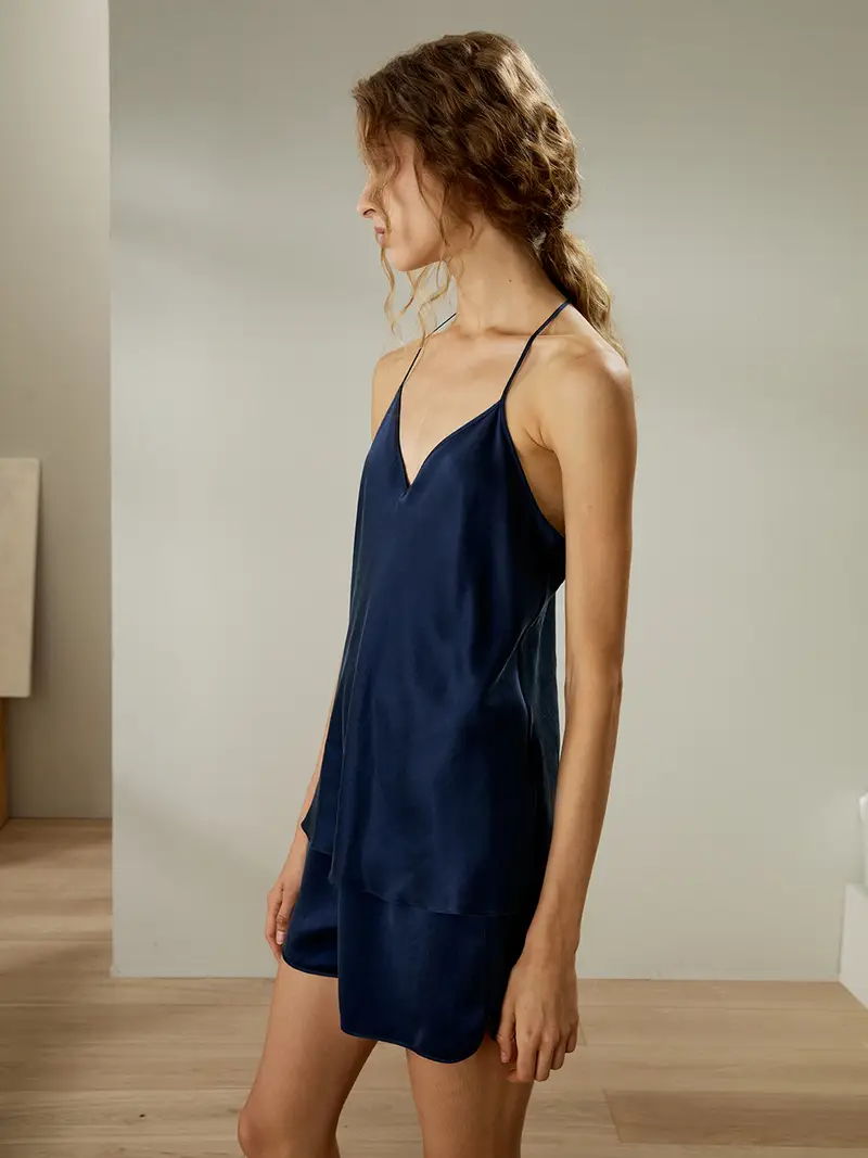 Pigiama Canotta E Shorts Blu Scuro 100 Pura Seta Trattiene L'Umidità Delicata Facile Da Lavare Vita Media