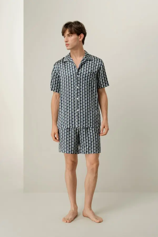 Pigiama Corto Seta Uomo Toro - Raso di Seta Traspirante con Stampa Zodiacale