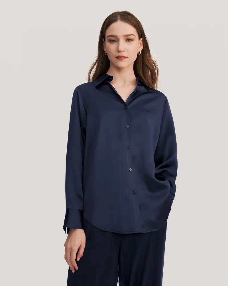 Pigiama Di Seta Donna Blu Scuro 100 Pura Seta Trattiene L'Umidità Lucida Aiuto Per Il Sonno Pigiama Semplice