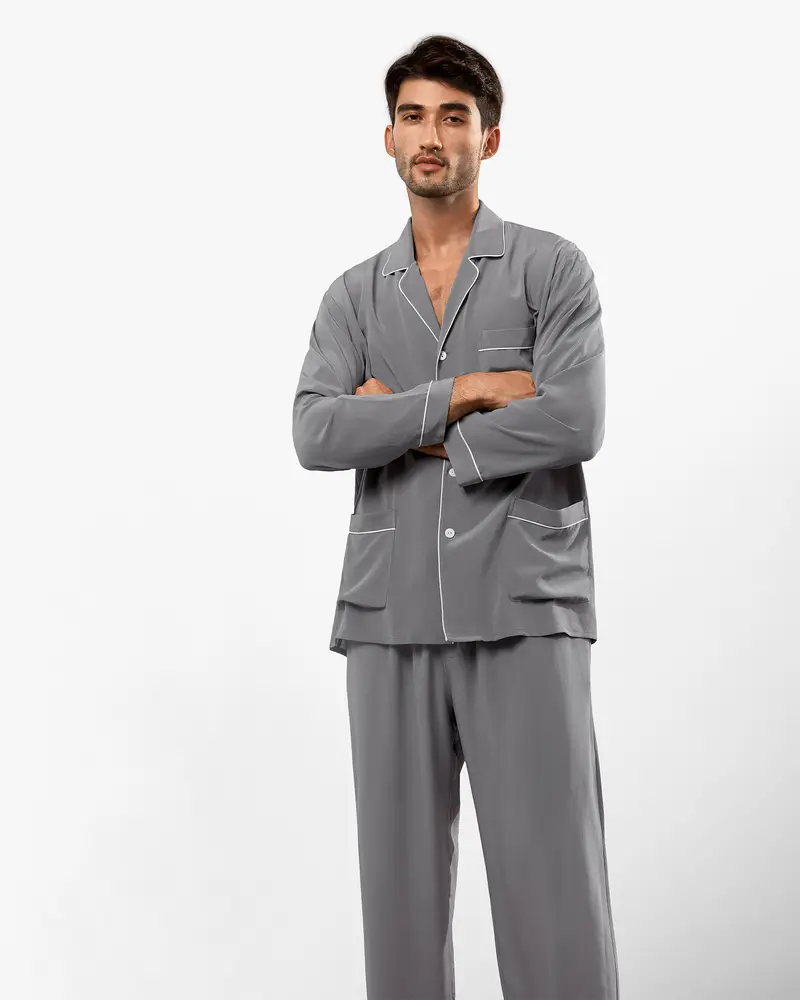 Pigiama Di Seta Donna Uomini Grigio Crepe De Chine Seta Naturale Comodo Liscia Più Ecologica