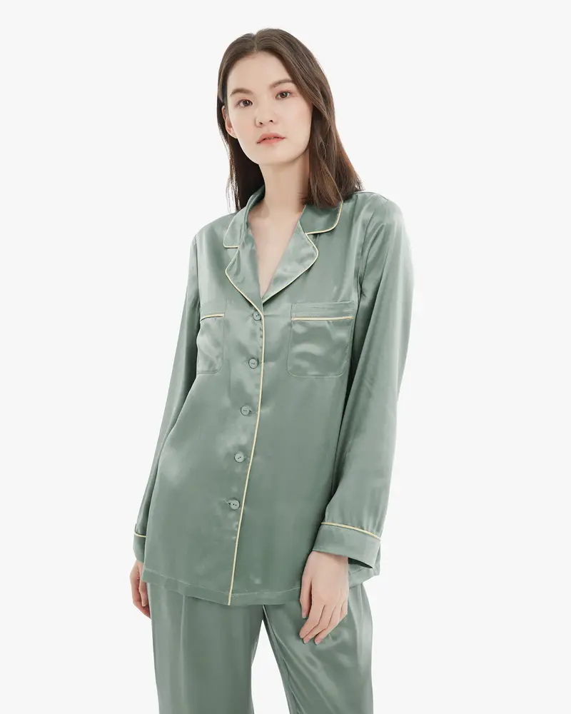 Pigiama Di Seta Donna Verde Avocado Charmeuse Di Seta Traspiranti Brillante Vita Elasticizzata Resistente All'Usura Ed Elegante