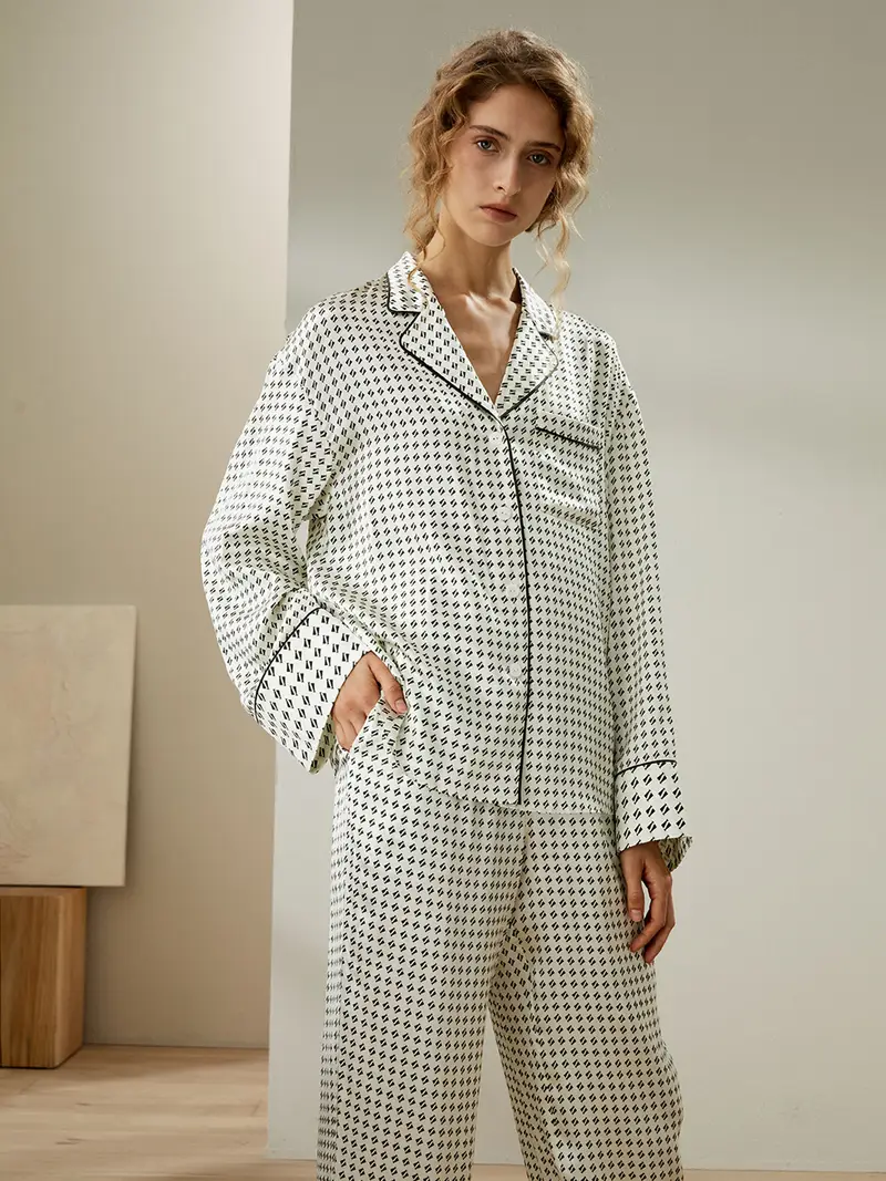 Pigiama Di Seta Stampa Pura Seta Allegri E Traspiranti Lussuosa Maniche Lunghe, Pantaloni Lunghi Facile Da Lavare Stampa Grafica