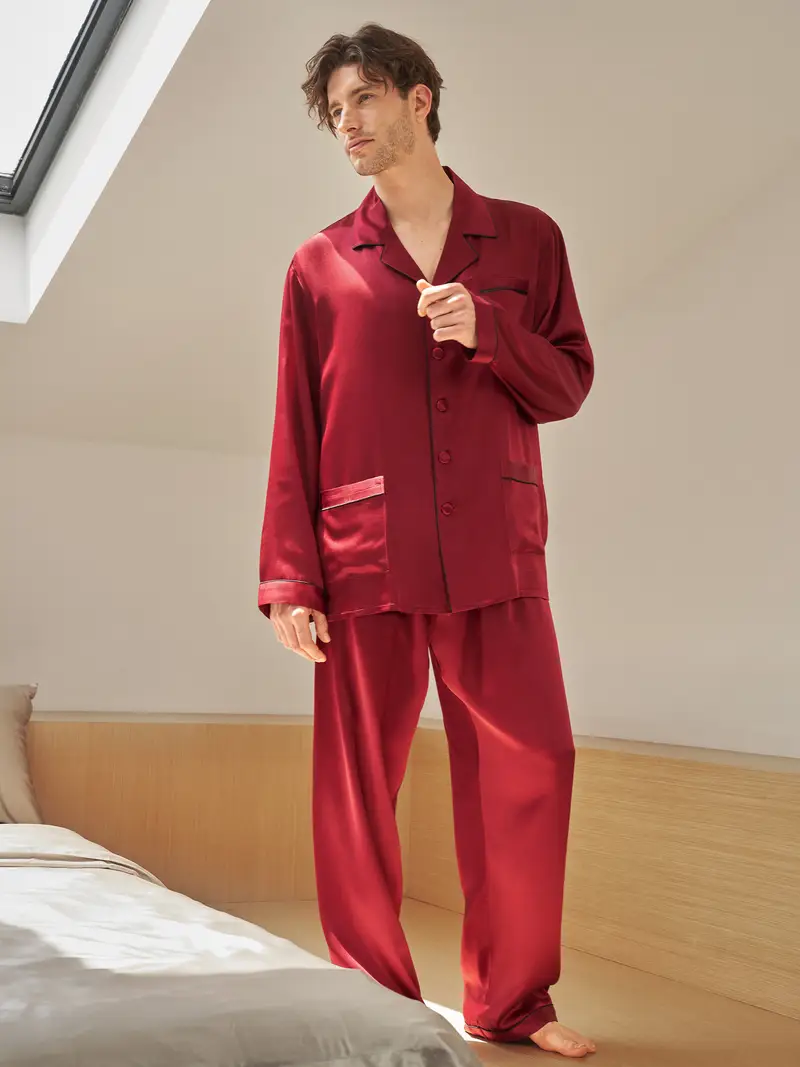 Lilysilk Pigiama Uomo Rosso in Seta Charmeuse Lungo e Morbido