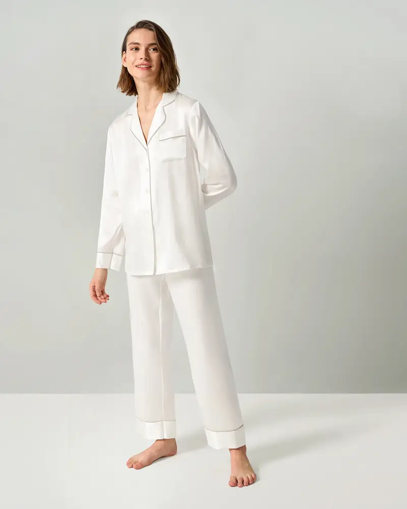 Pigiama Donna In Seta Bianco Pura Seta Allegri E Traspiranti Lussuosa Comodo Varie Dimensioni, Vari Colori Bianco Naturale