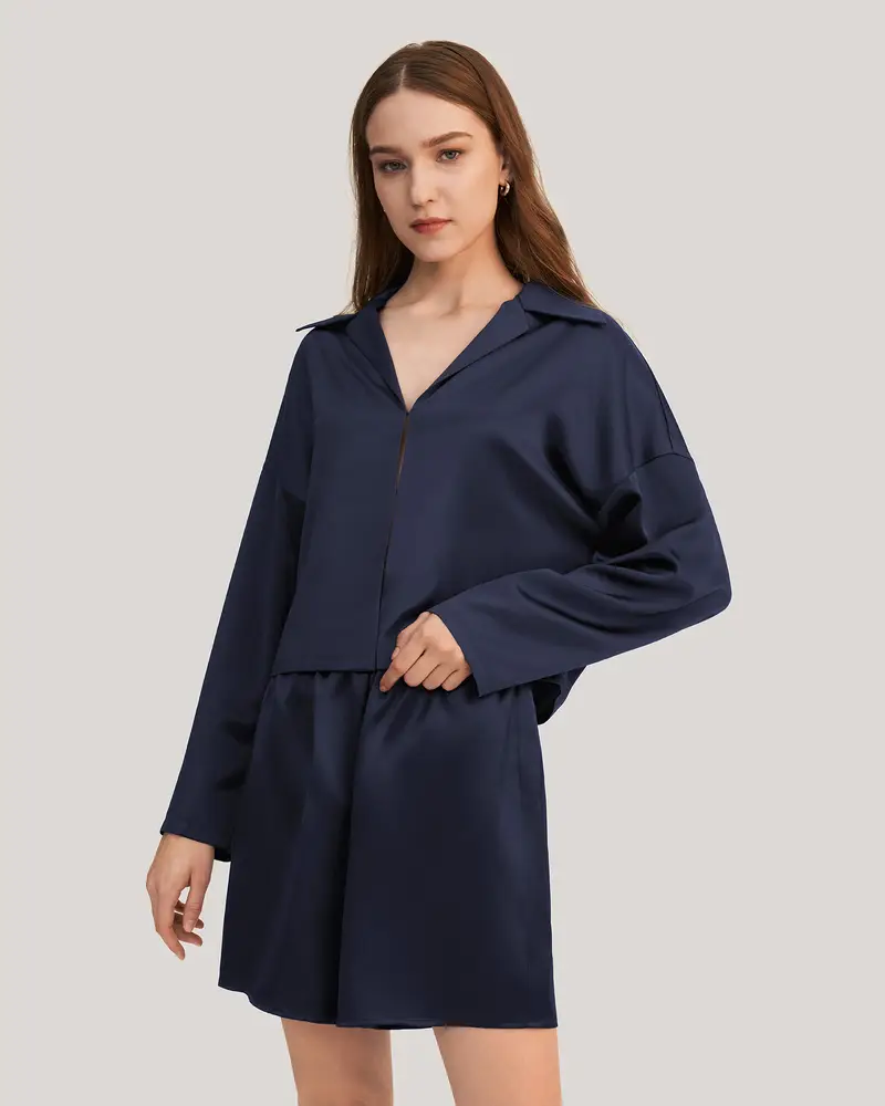 Pigiama Donna In Seta Blu Scuro Charmeuse Di Seta Grande Qualità Semplicità Coulisse In Vita Elegante
