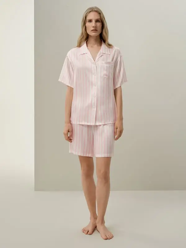 Pigiama Donna in Seta Charmeuse 19 Momme Oversize Righe Rosa Rosa Pallido & Righe Bianche