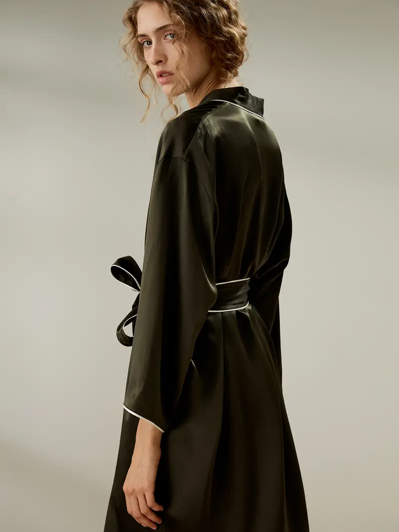 Pigiama Donna Seta Colore Olivastro Charmeuse Di Seta Grande Qualità Lucida Bellezza Seta Lavabile Oliva