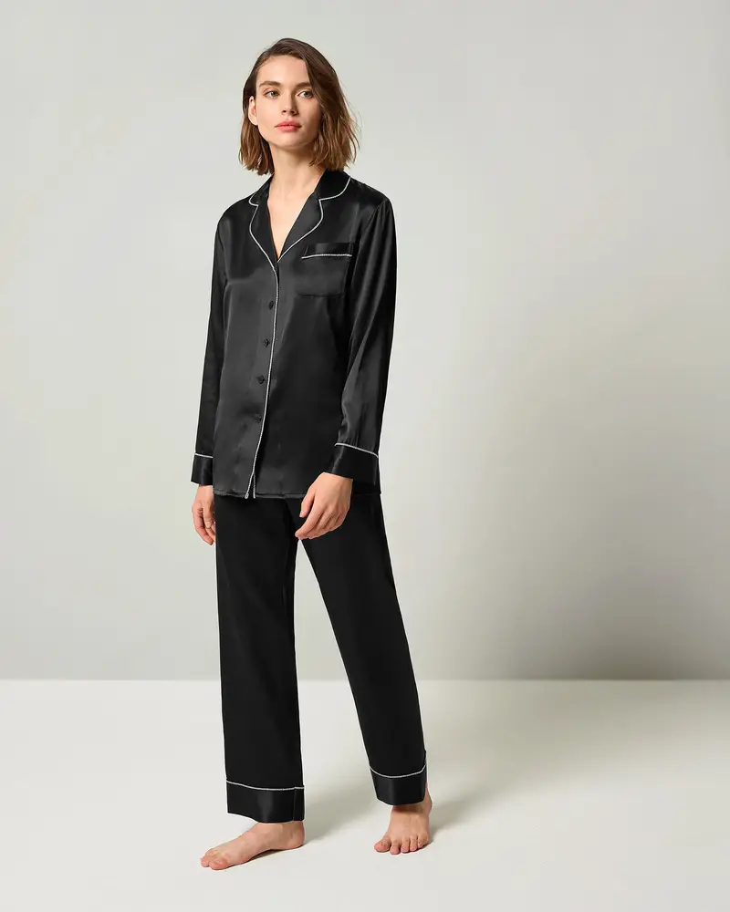 Pigiama Donna Seta Nero Charmeuse Di Seta Grande Qualità Brillante Stile Neutro Alla Temperatura Regolabile