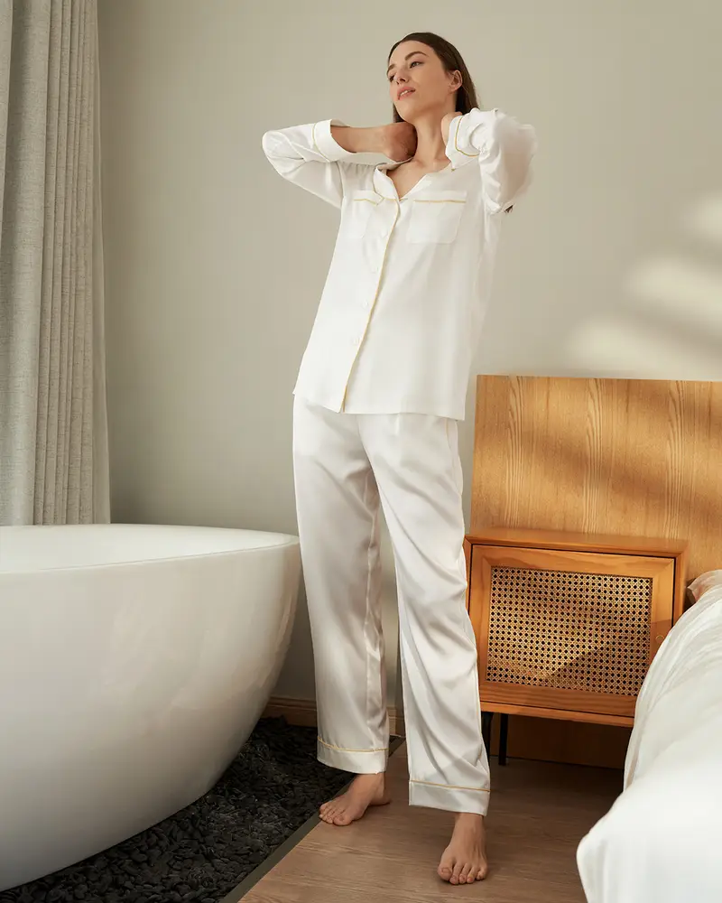 Pigiama In Seta Donna Bianco 100 Pura Seta Allegri E Traspiranti Semplicità Maniche Lunghe Elegante Uno Stile Unico Bianco Naturale