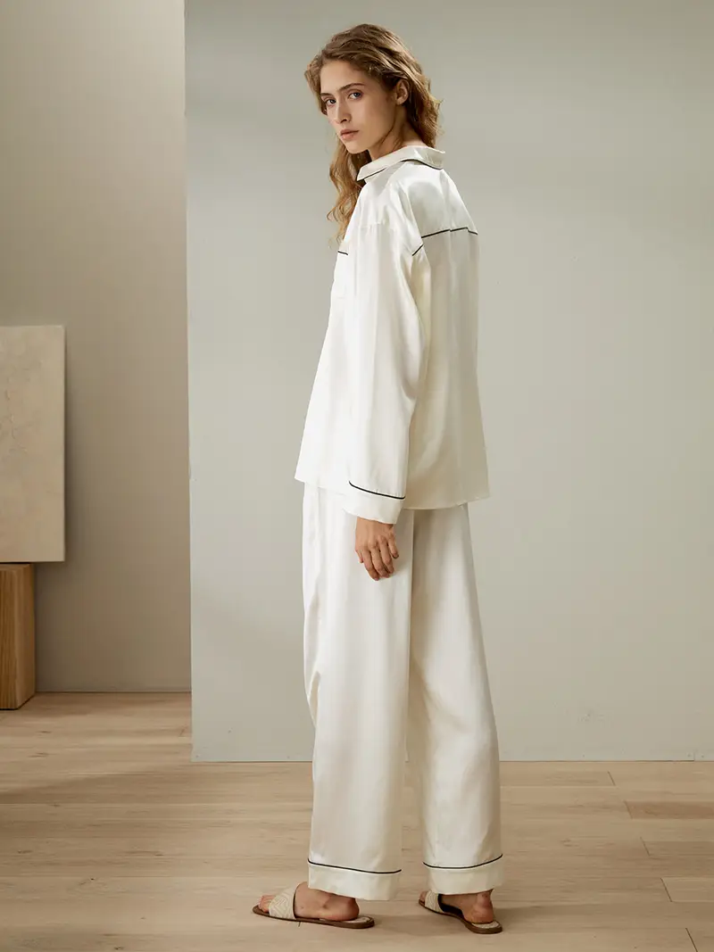 Pigiama In Seta Donna Bianco 100% Seta Naturale Pacchetto Regalo Lucida Pigiama A Maniche Lunghe Lucido