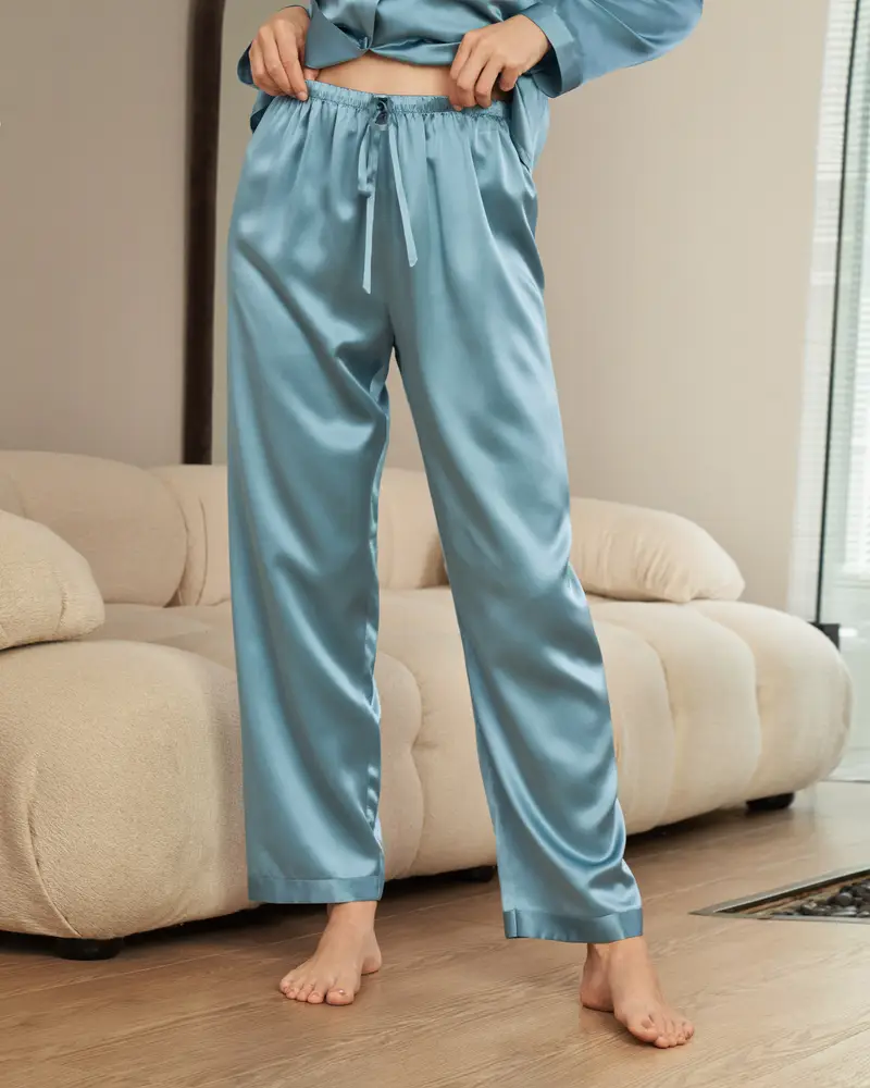 Pigiama In Seta Donna Donne Azzurro 100% Seta Naturale Comodo Risvolti Dentellati Allegri E Traspiranti Traspirante Blu