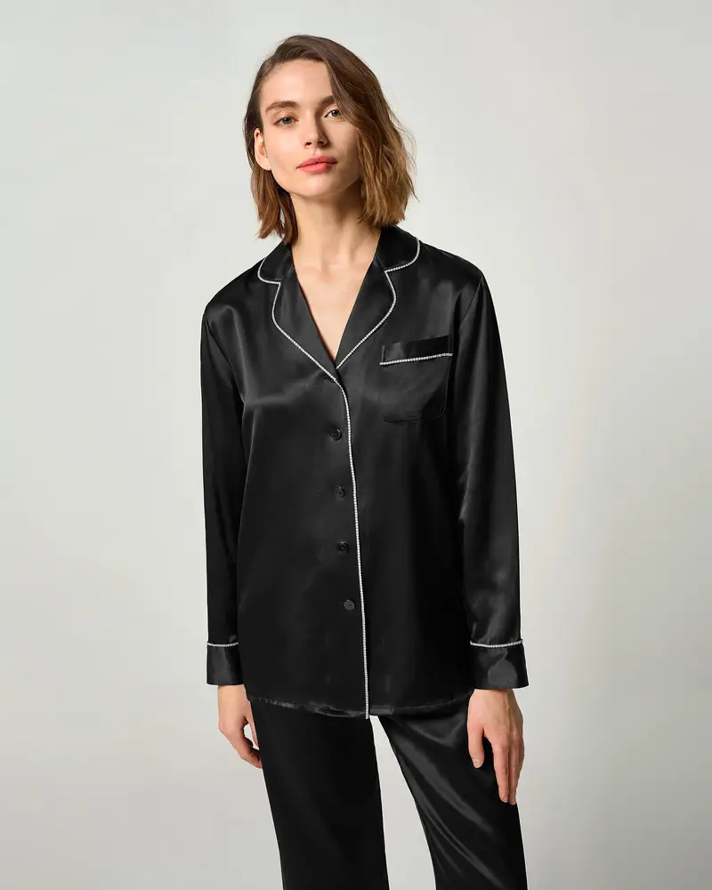 Pigiama In Seta Donna Nero 100% Seta Oeko-Tex Standard 102 Semplicità Vestibilità Ampia Naturalmente Antibatterico