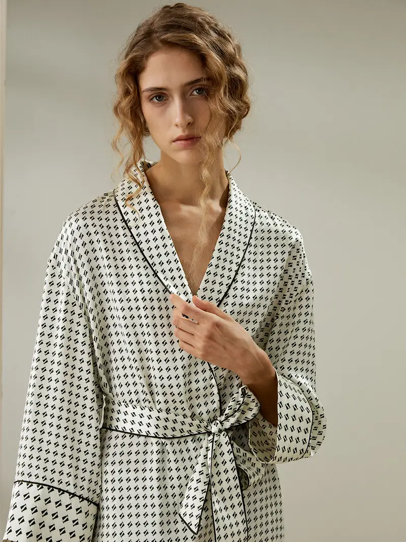 Pigiama In Seta Donna Stampa 100% Seta Charmeuse Oeko-Tex Standard 129 Semplicità Lucido Cintura Staccabile Stampa Grafica