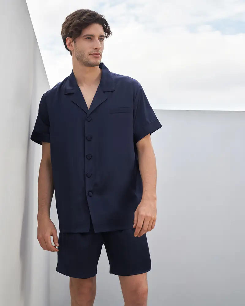 Pigiama In Seta Donna Uomini Blu Scuro Seta Oeko-Tex Standard 100 Ipoallergenico Varie Dimensioni, Vari Colori Pantaloncini