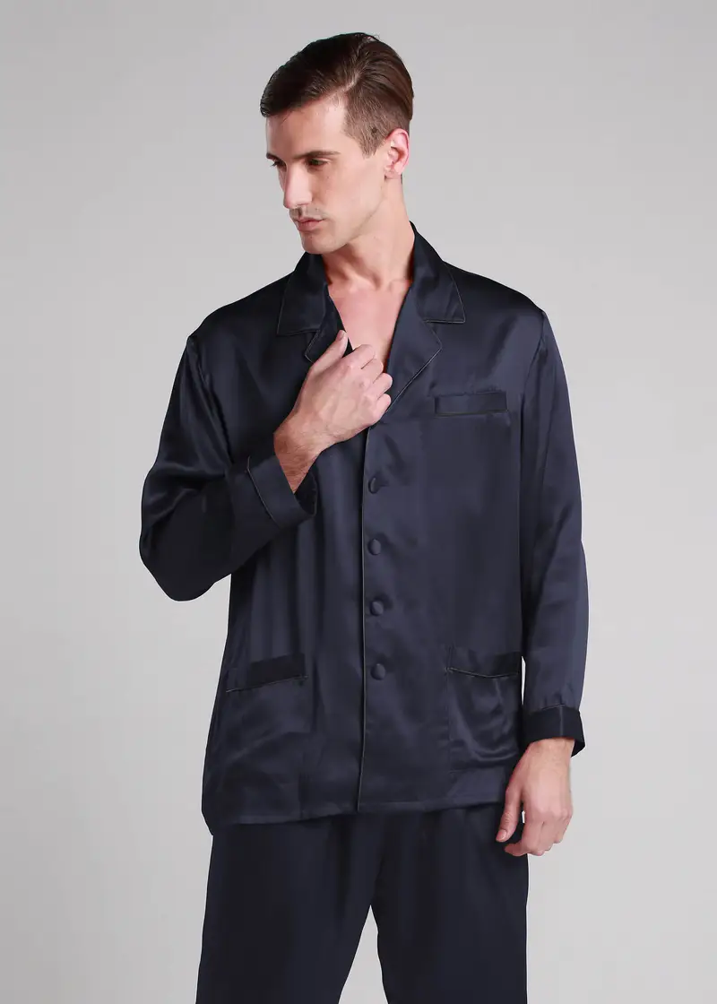 Pigiama In Seta Uomini Blu Scuro Pura Seta Naturale Ipoallergenico Aiuto Per Il Sonno Ecologico E Non Tossico