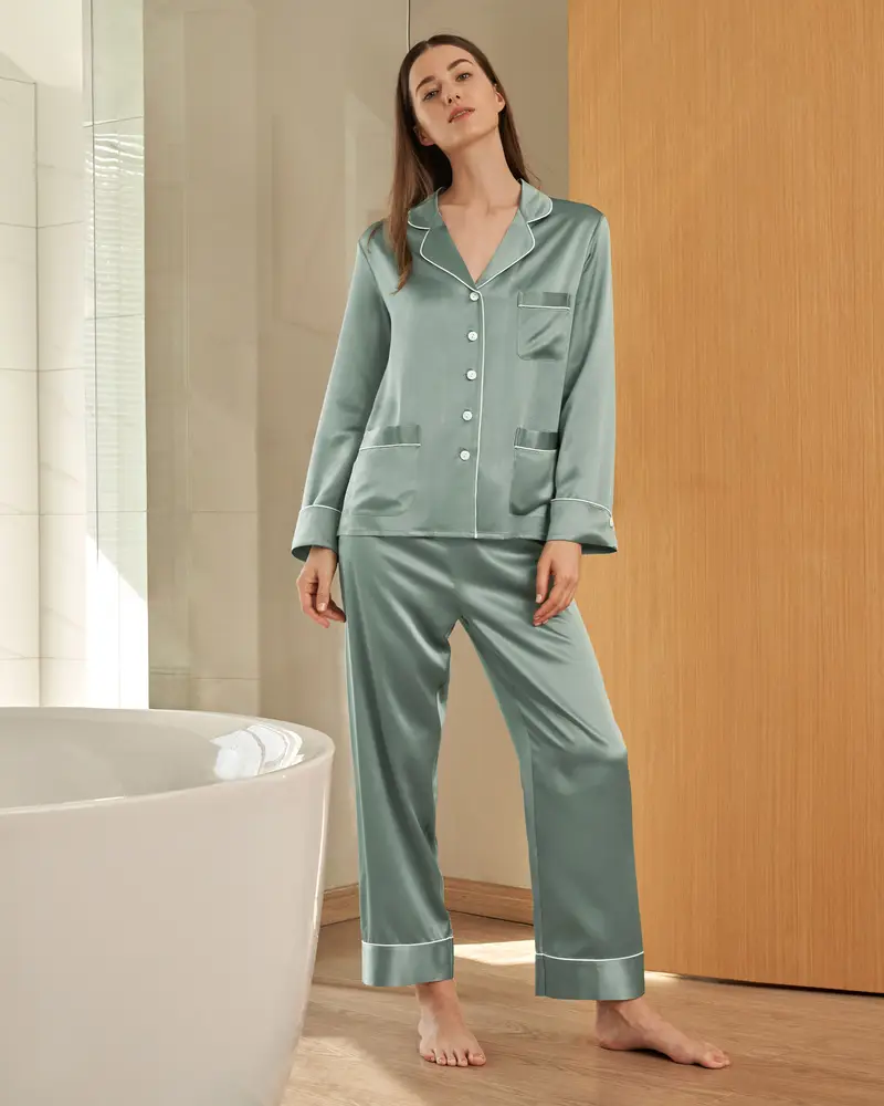 Pigiama In Seta Verde Avocado Seta Trattiene L'Umidità Maniche Lunghe Resistente All'Usura Resistente All'Usura Ed Elegante