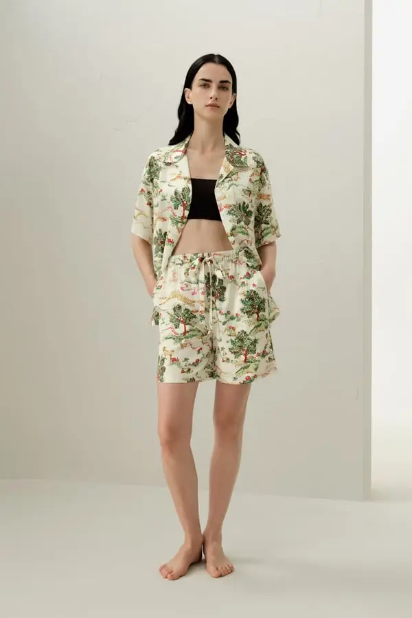 Pigiama Seta Ariete Stampa Zodiacale Corto con Tasche