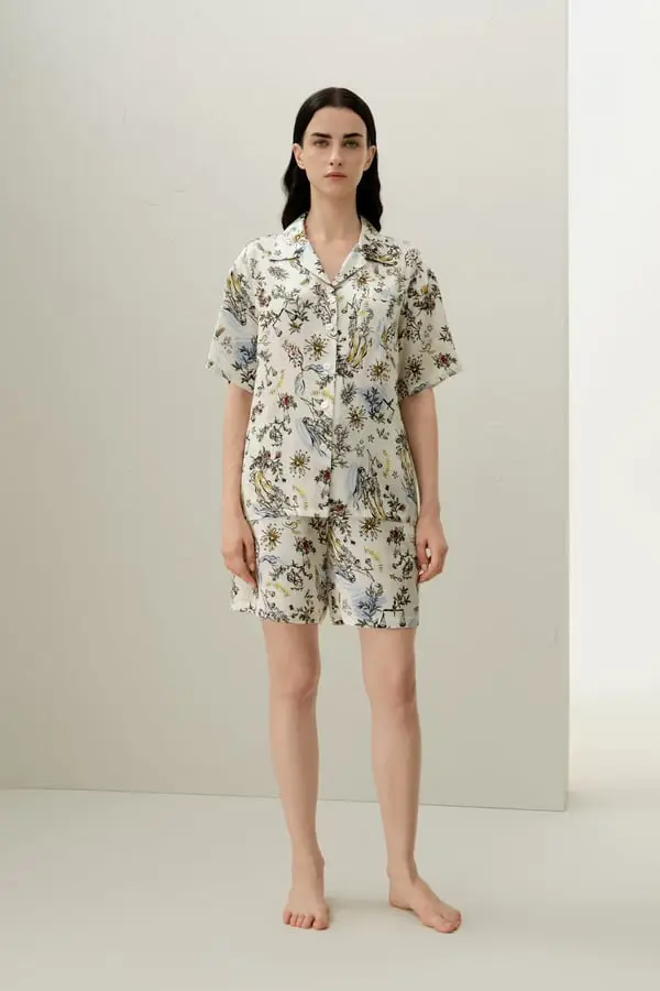 Pigiama Seta Bilancia Donna Elegante Stampa Zodiacale Maniche Corte