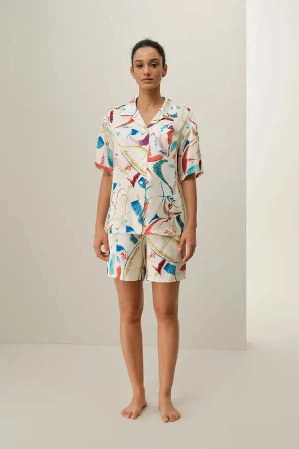 Pigiama Seta Corto Sagittario - Raso Celeste Stampa Costellazione, Comfort Traspirante