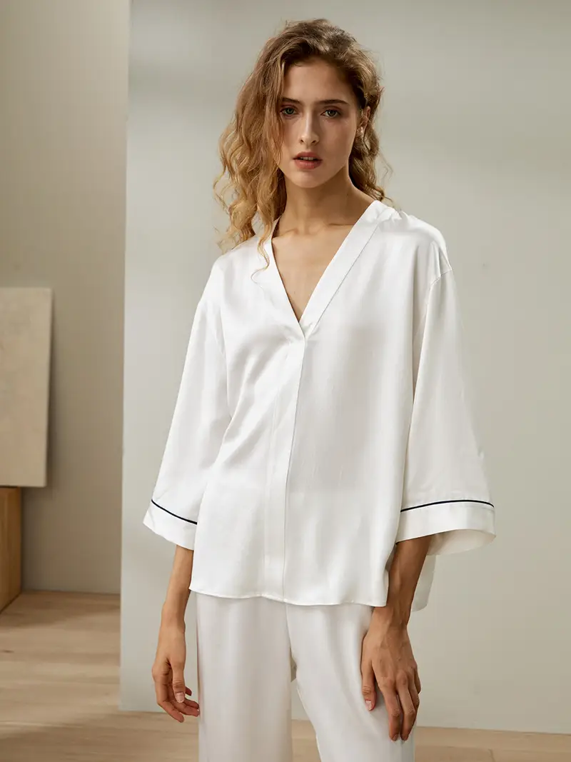 Pigiama Seta Donna Bianco 100 Pura Seta Trattiene L'Umidità Lucida Scollo A V Elegante Accogliente E Caldo