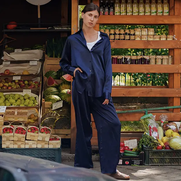 Pigiama Seta Donna Blu Scuro 100% Seta Naturale Semplicità Migliore Per Dormire Stile Neutro Alla Moda
