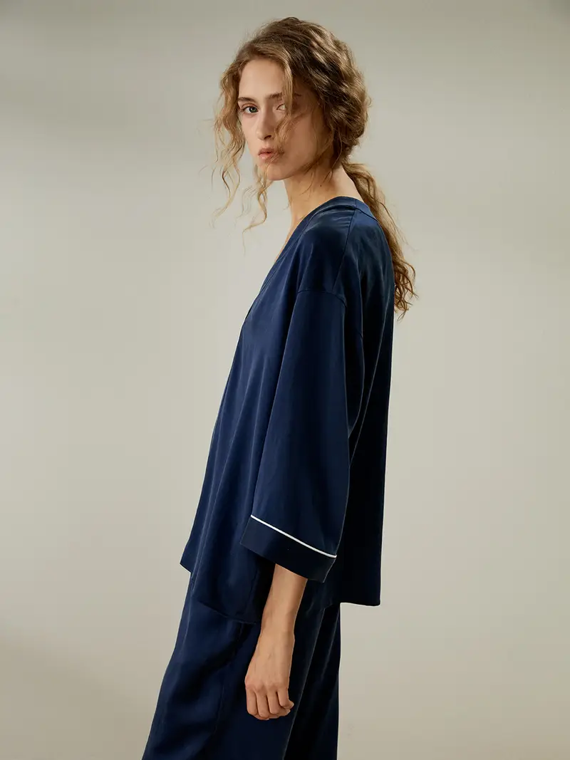 Pigiama Seta Donna Blu Scuro Pelle Scamosciata Di Seta Naturale Lussuosa Scollo A V Lucido Lavabile In Lavatrice