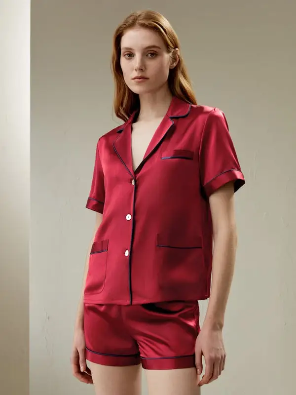 Pigiama Seta Donna Estivo Morbido Due Pezzi con Tasche Violetto Rosso