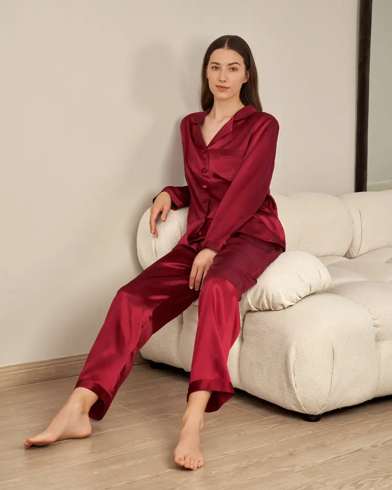 Pigiama Seta Donna Rosso Seta Naturale Comodo Risvolti Dentellati Maniche Lunghe Ipoallergenico Violetto Rosso