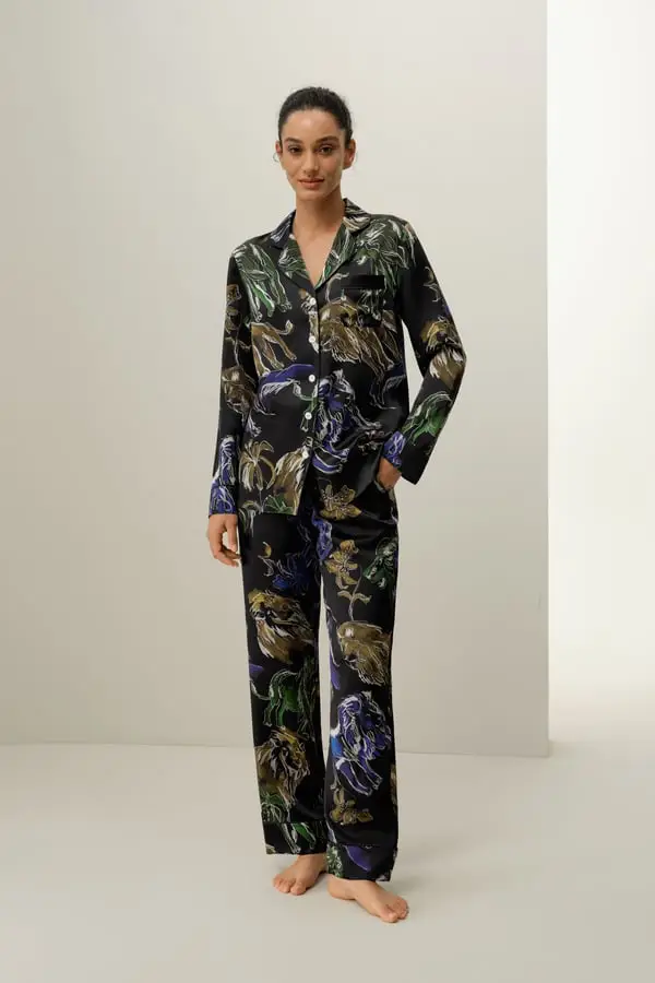 Pigiama Seta Leone Costellazione Zodiacale Raso Lussuoso Tasche Laterali