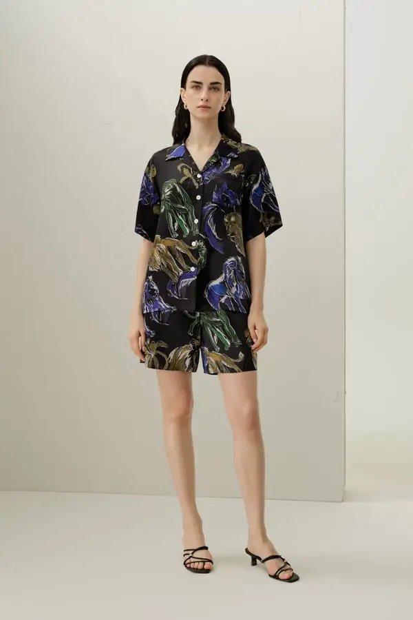 Pigiama Seta Leone - Set Corto Raso Zodiacale con Stampa Costellazione, Vita Elastica e Tasche