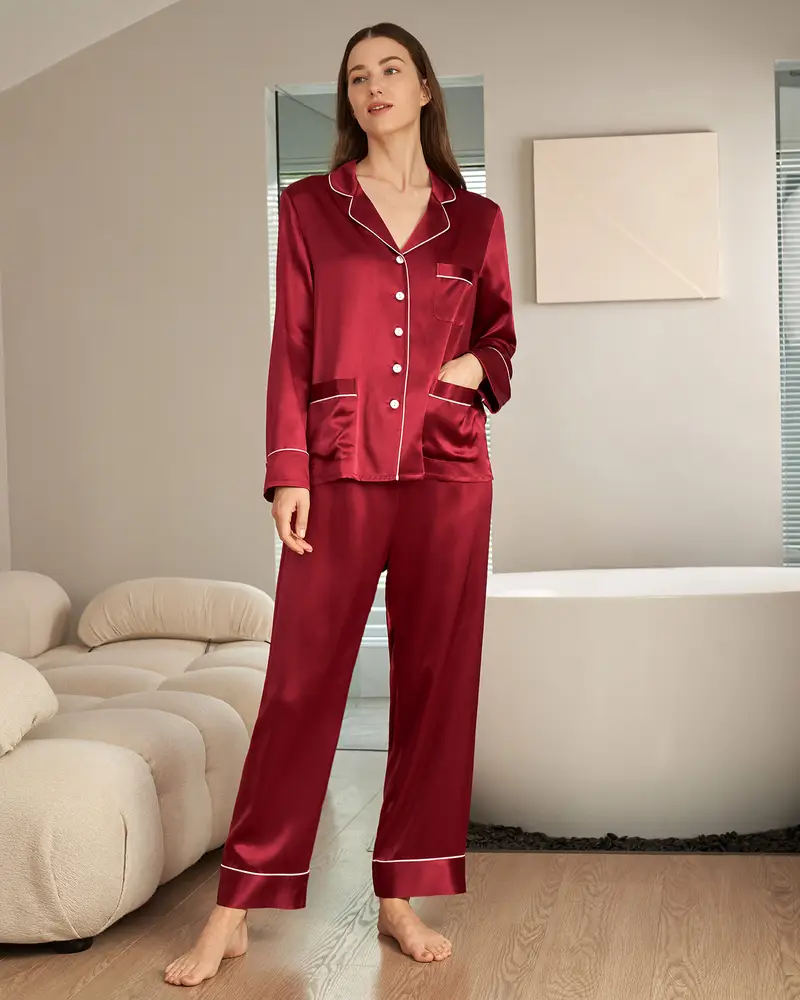 Pigiama Seta Set Pigiama In Seta Rosso Seta Naturale Allegri E Traspiranti Affascinante Scollo A V Set Pigiama In Seta A Due Pezzi Violetto Rosso