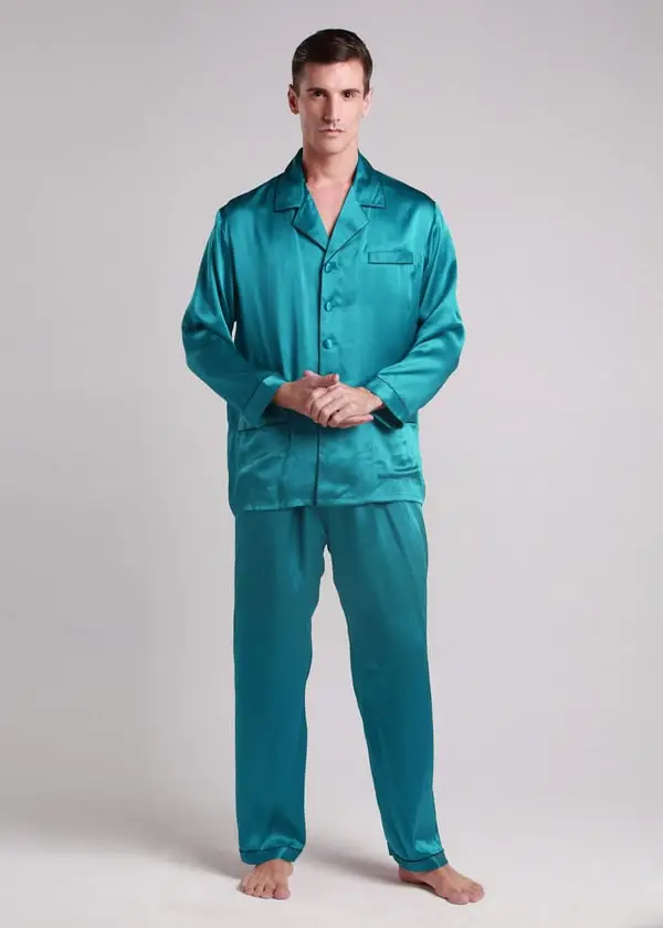 Pigiama Seta Uomo Elegante Verde Acqua Scuro