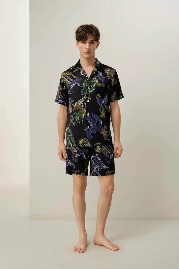 Pigiama Seta Uomo Leone - Lussuoso Set Corto Raso Zodiacale Stampa Costellazione