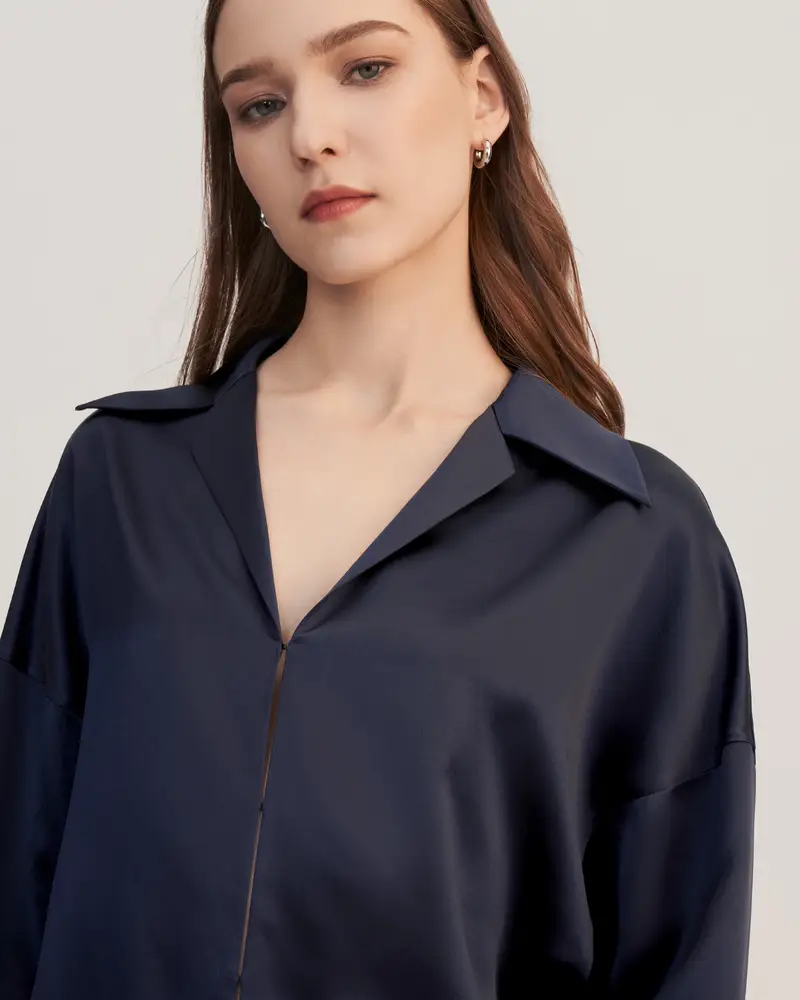 Pigiami Seta Blu Scuro 100% Seta Naturale Pacchetto Regalo Lussuosa Morbida Vestibilità Ampia