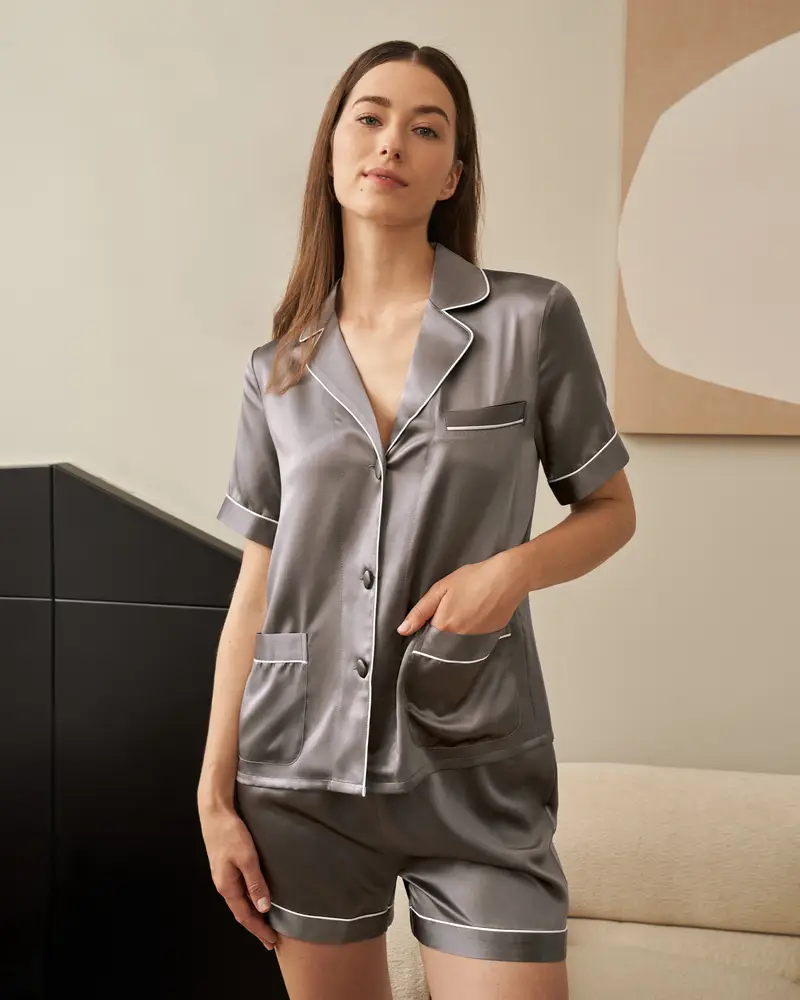 Pigiami Seta Grigio Scuro 100 Pura Seta Allegri E Traspiranti Lucida Maniche Corte Comodo Resistente All'Usura Ed Elegante