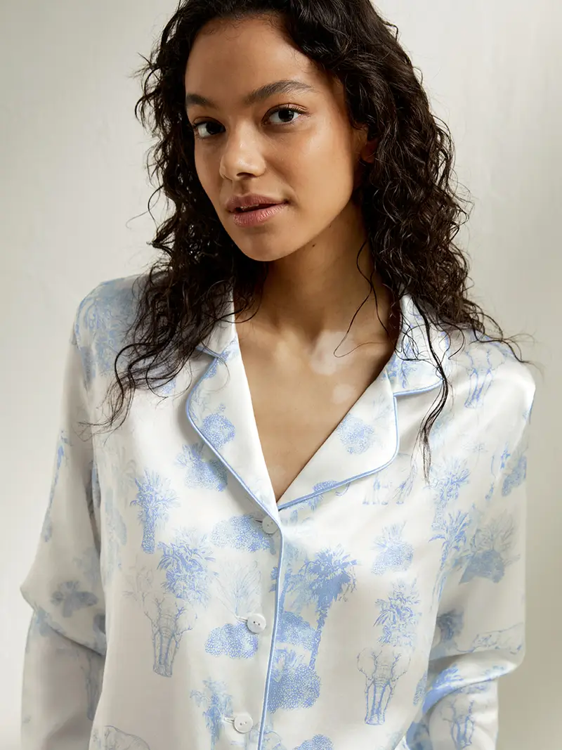 Pigiami Seta La Terra Stampa 100% Seta Naturale Oeko-Tex Standard 130 Semplicità Maniche Lunghe Design Minimalista