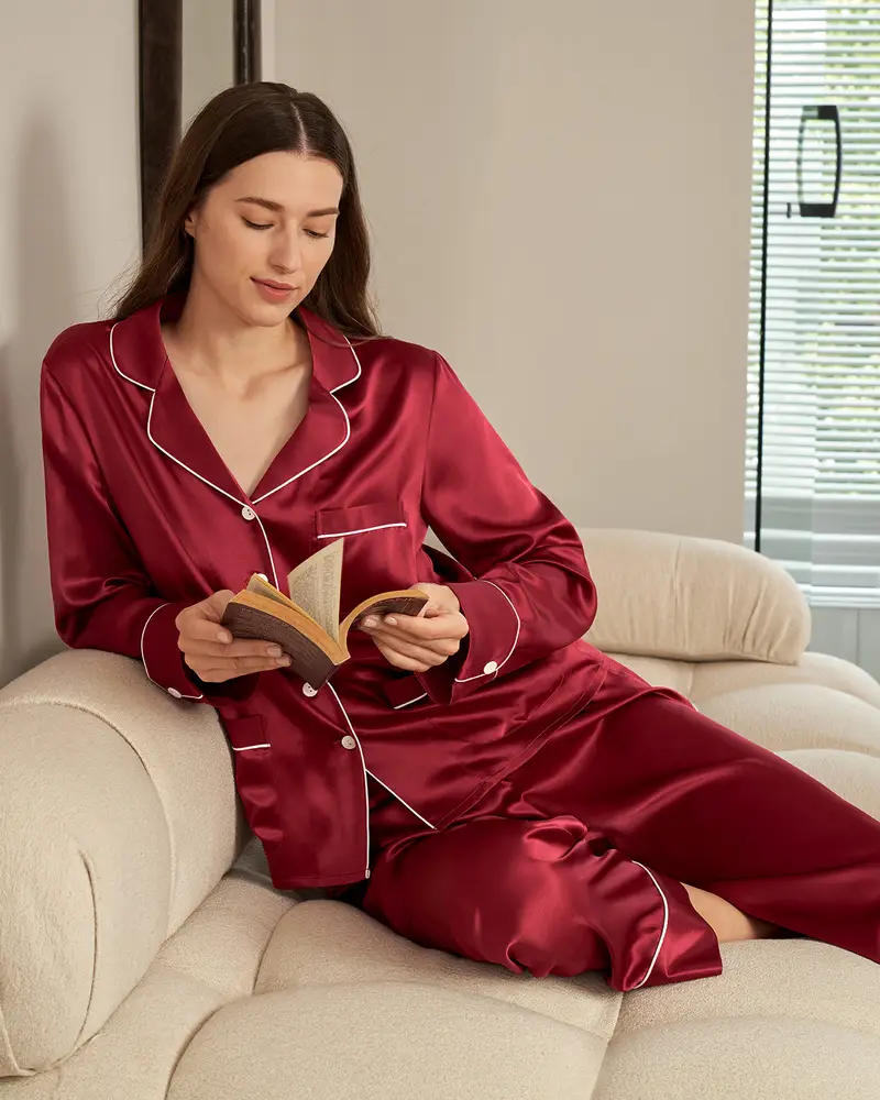 Pigiami Seta Rosso Seta Charmeuse Ipoallergenico Lucida Maniche Lunghe Aiuto Per Il Sonno Per Le Persone Allergiche Violetto Rosso