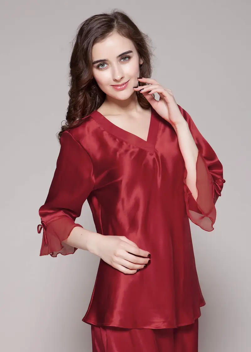 Pigiami Seta Rosso Seta Naturale Misura Personalizzata Lucida Scollo A V Bordo In Pizzo Trattiene L'Umidità Violetto Rosso