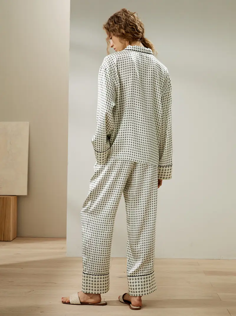 Pigiami Seta Stampa 100% Seta Naturale Pacchetto Regalo Semplicità Colletto Con Revers Design Minimalista Stampa Grafica