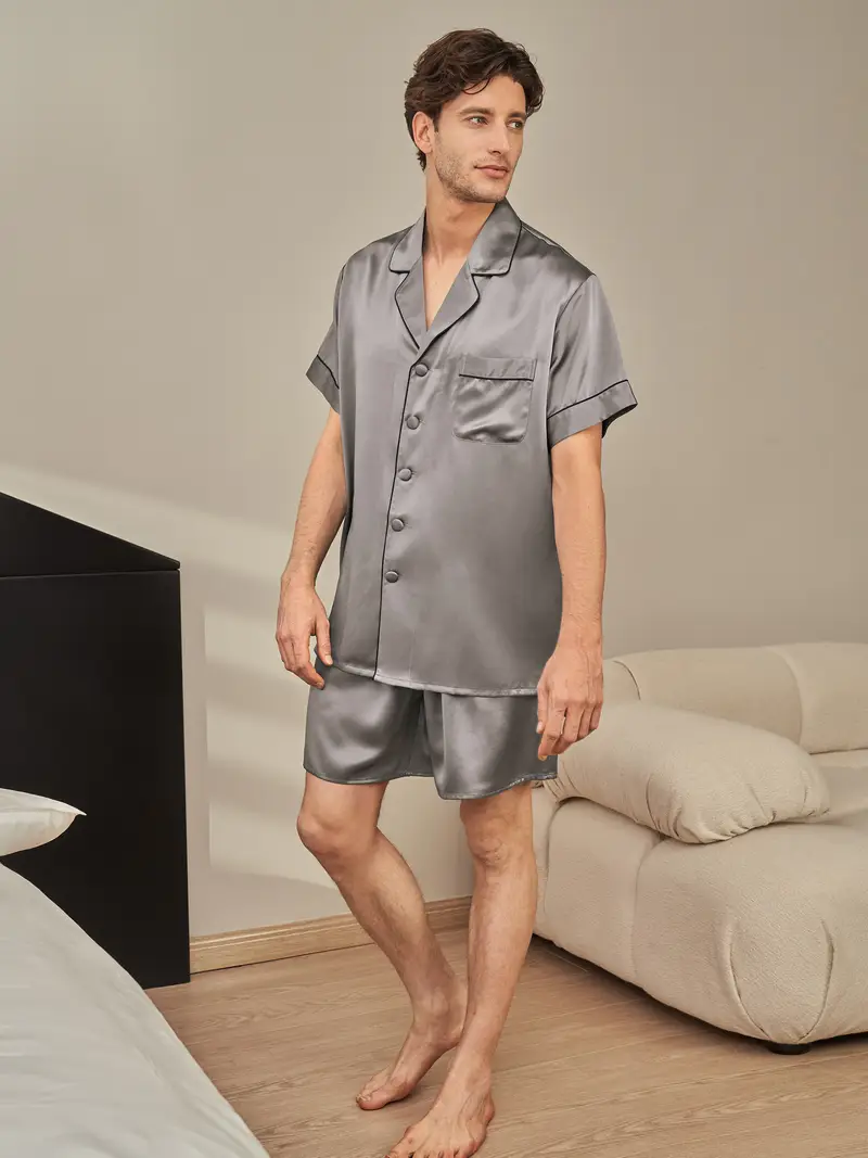 Pigiami Seta Uomini Grigio Scuro Seta Oeko-Tex Standard 100 Super Morbido Collo Dentellato Per Le Persone Allergiche