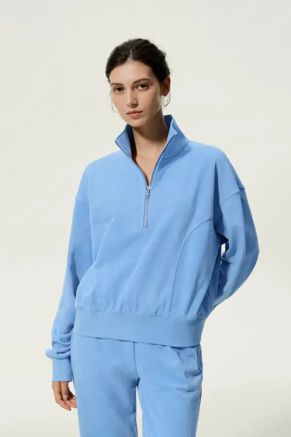 Pullover Donna in Seta e Cotone Morbido con Mezza Zip Blu Laguna