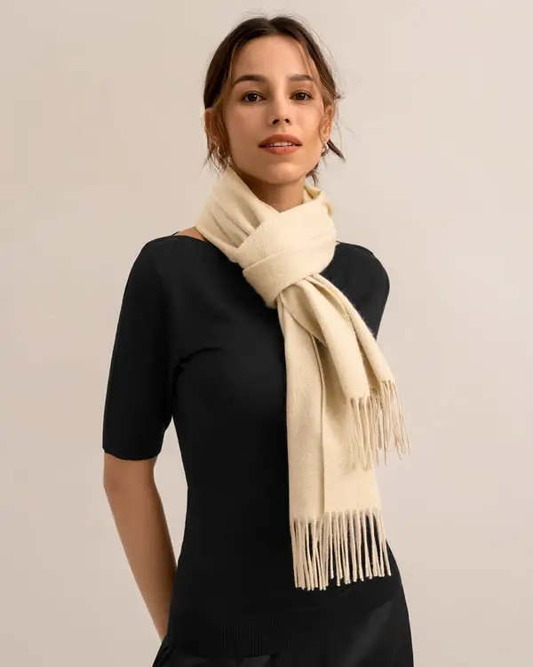 Sciarpa Donna 100% Cashmere Morbida Invernale con Nappe, Vaniglia, 188x30cm