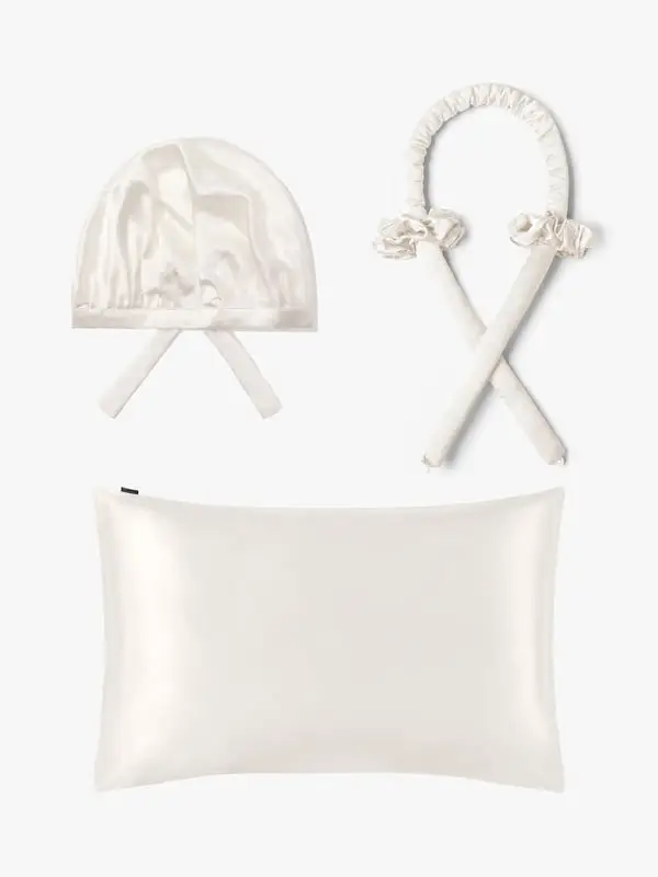 Set Bellezza Seta Capelli Bianco Naturale, No Calore, Liscio e Morbido, Federa + Cuffia, 50x75cm
