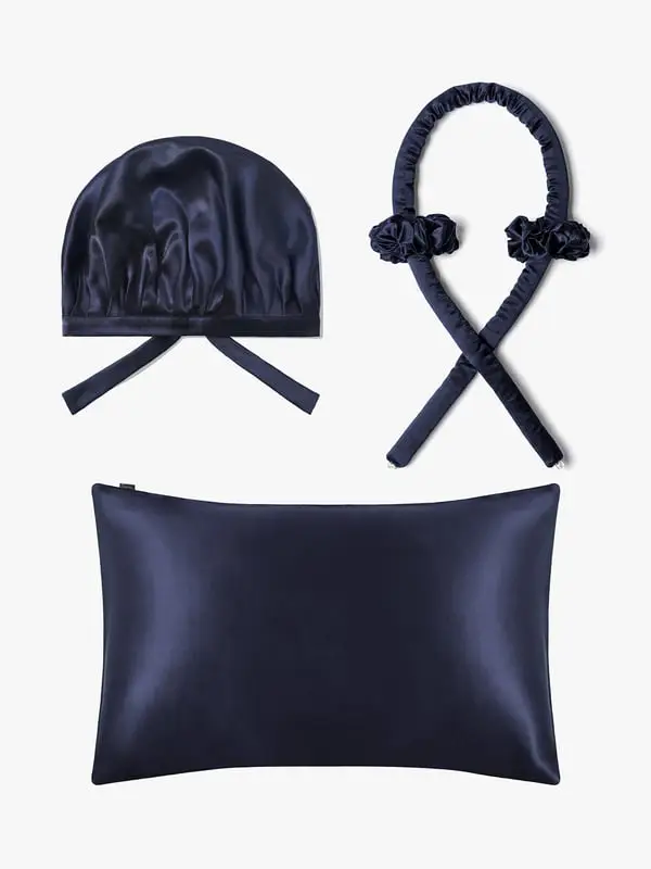 Set Bellezza Seta Capelli Blu-Marino, Ricci Senza Calore, Federa + Cuffia Notte, 50x75cm